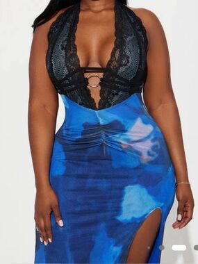 Fashion Nova Mesh Lace Maxi Blue Black Dress Slit Halter